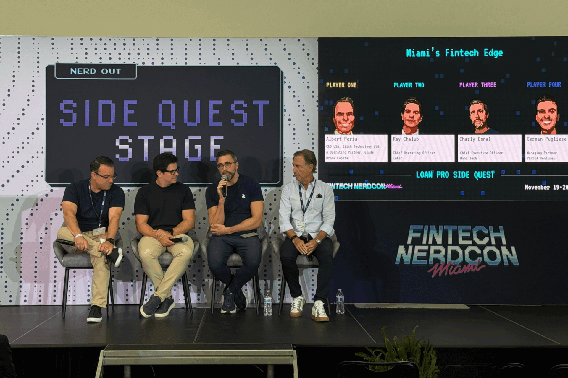 Mana Tech CEO Charly Esnal joins Albert Periu, Ray Chalub, and German Pugliese on the Side Quest Stage for day two of FinTech NerdCon at Mana Wynwood.